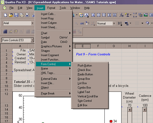The form controls menu